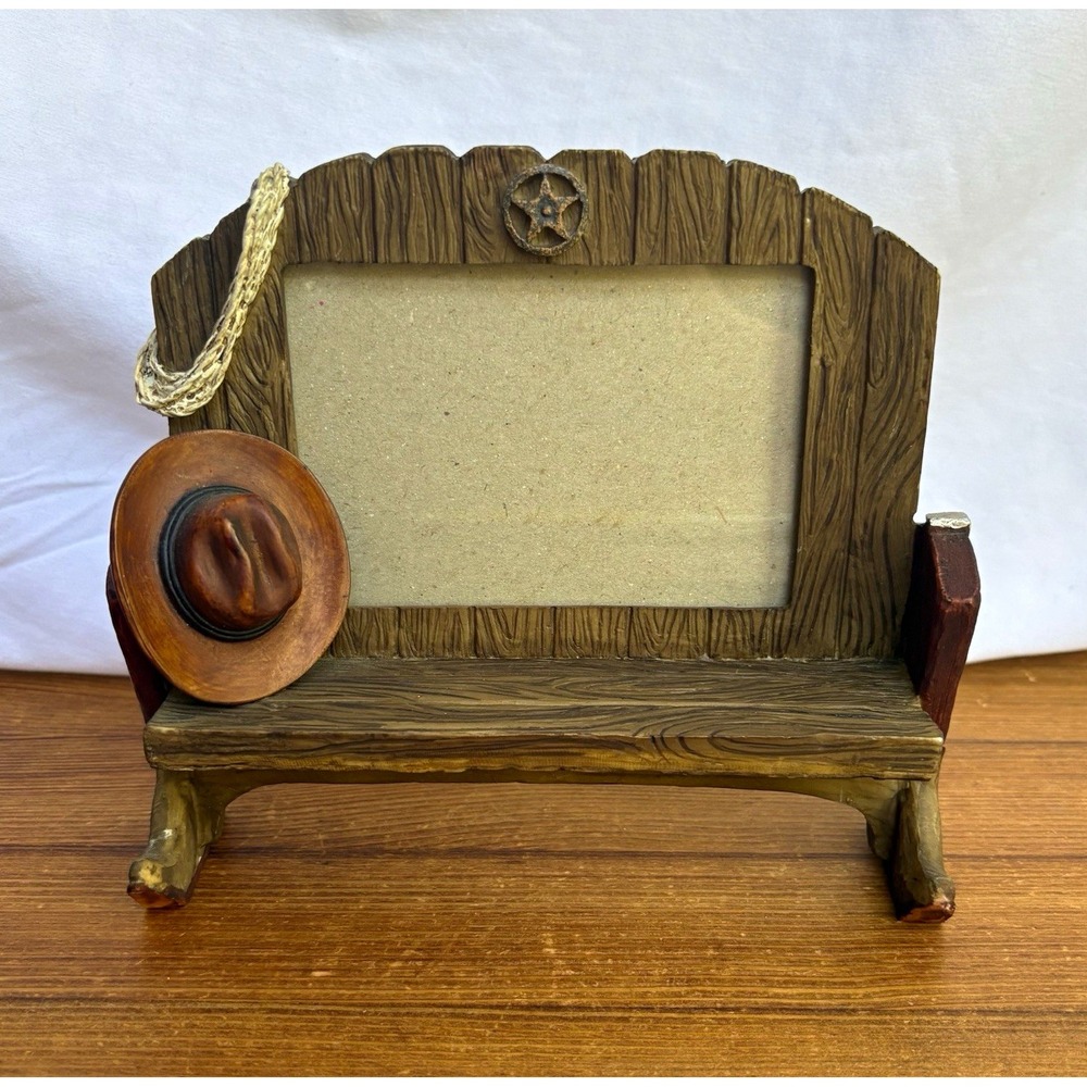 Western Cowboy Resin Picture Frame Wood Grain Bench Cowboy Boots Laso 3.5x5